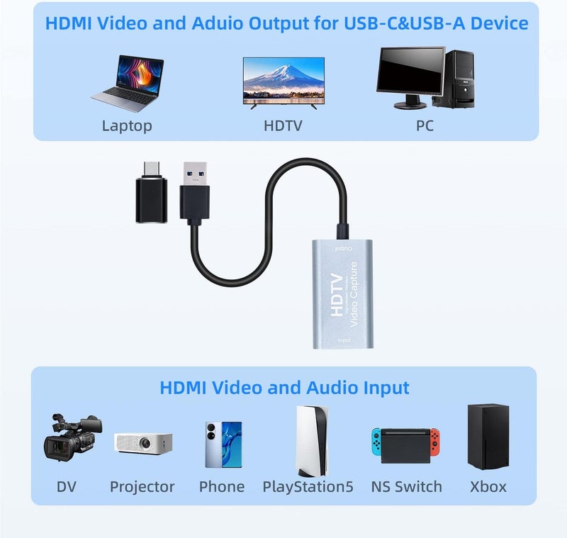 Mcbazel بطاقة التقاط الفيديو 4K HDMI USB C، جهاز التقاط الفيديو للبث المباشر/الألعاب/التسجيل، بطاقة التقاط HDMI إلى USB C بدقة 1080p 60fps مع محول، متوافقة مع OBS/PS5/Switch/PC/Mac - Image 2